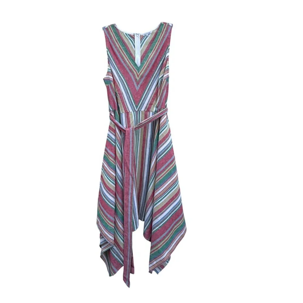 Linen Blend Sundress 1X Asymmetric Picnic Stripe Flowy Cottage